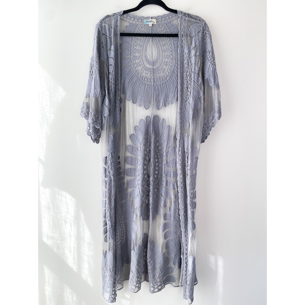 Rebellion Again Womens Kimono Cardigan L Grey Embroidered Lace Mesh Duster Boho